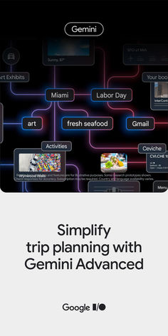 Story title: Simplify trip planning with Gemini Advanced. Above the title is a flow chart, with words and photos as nodules in the chart connected by blue, pink and purple lines. Words include Miami, Labor Day, fresh seafood, art, Gmail, Activities and Ceviche. Tips And Tricks For Life, Life Tips And Tricks, Space Time, Life Tips, The Wisdom, Save Yourself, Trip Planning, Tips And Tricks, Labour Day