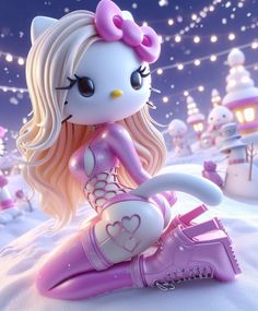 a hello kitty doll sitting in the snow