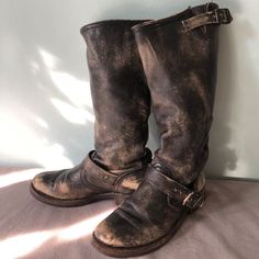 This Is The Frye Veronica Slouch Tall- Knee Moto Boot. Distressing In Intentional. Gently Worn. Brand: Frye. Model: Veronica Description: Leather Slouch Tall Boot Distressed. Size: 6. Material: Leather. 1.0 Inch Heel. 13.0 Inches Tall. Brass Buckle Detail. Frye Veronica, Tall Boot, Brass Buckle, Frye Shoes, Moto Boots, Tall Boots, Black Gray, Black And Grey, Buckle