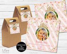 two pink roses with a princess photo on the front and back of a brown paper bag