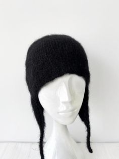 Wool and mohair hat  for winter hand knit in round, no seams! It black aviator bonnet knitted mohair wool  covers ears. Beanie hat with flap has enough stretch to fit comfortably.  Real Handmade!  Size beanie hat with ear flap : 22.8-23.5 Inches /58-60cm. One size. Yarn 60 merino wool 30%mohair 10% nylon (the material's elasticity allows wide range of sizes) Black color Ready to Ship! It's absolutely new knit hat, never used, wasmade now.  All items are created in a smoke-free environment and sh Beanie With Ears, Aviator Hat, Wool Hat Knit, Black Aviators, Mohair Wool, Ear Hats, Wool Hat, Skull Cap, Beanie Hats