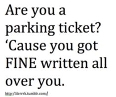 a black and white photo with the words are you a parking ticket? cause you got fine written all over you