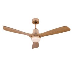 a ceiling fan with two wooden blades and a light on the top of each blade