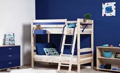 a child's bedroom with blue walls and bunk beds