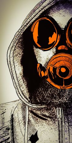 a man wearing a gas mask with an orange filter on his face and hoodie