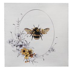 a painting of a bee and flowers on a white background