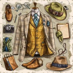 a drawing of a suit, hat and other items