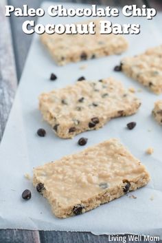 pale chocolate chip coconut bars on parchment paper with text overlay that reads pale chocolate chip coconut bars