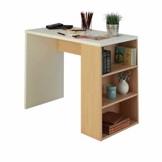 a book shelf with books on it next to a potted plant and other items