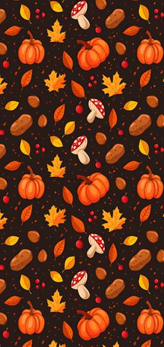 an autumn pattern with leaves, mushrooms and acorns on a black background illustration