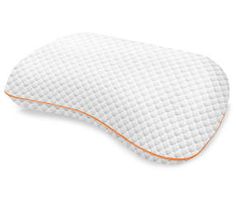 an image of a white pillow with orange piping on the bottom and back side