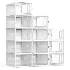 several white shelves stacked on top of each other