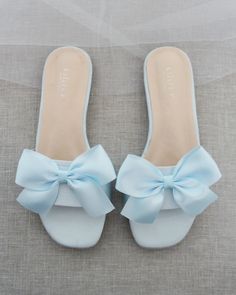 "Classic slide flat sandals for casual and dressy look with added SATIN BOW. Simple and easy wear for brides, bridesmaids and/ or wedding parties. DETAILS: COLORS AVAILABLE: Ivory, Light Blue, White, Pink, and Champagne UPPER: Synthetic upper and lining MATERIALS: Mandmade outsole STYLE NAME: EVELYN Not sure of which size to purchase? Shoes measurements are as follow: (Please note measurements taken the length of inside of shoe from toe to heel) Size 5.5 - 9.25\" Size 6 - 9.40\" Size 6.5 - 9.50\ Bridesmaids Sandals, Girly Sandals, Name Evelyn, Bridesmaid Sandals, Pink And Champagne, Preppy Shoes, Bridal Sandals