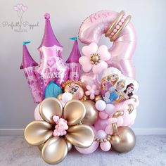 the balloon bouquet is filled with princess balloons