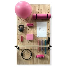 a wall mounted gym equipment on a pegboard next to a pink ball and exercise accessories