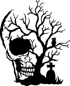 a black and white drawing of a tree with a skull on it