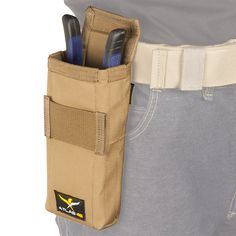 a person holding a tool belt with tools in it's pocket on their back