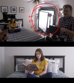 two pictures with people sitting on the bed and one has a book in front of them