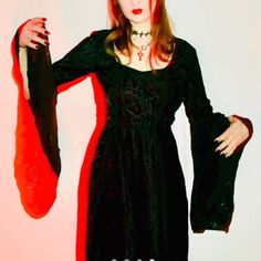 Absolutely Stunning Red And Black Velvet Bell Sleeve Gown By Lip Service Vintage Vintage Lip Service, Sleeve Gown, Lip Service, Gowns With Sleeves, Red And Black, Bell Sleeve, Black Velvet, Bell Sleeves, Black And Red