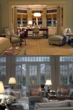 an image of a living room and dining room in the same photo, with two different views