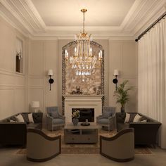 a living room with couches, chairs and a chandelier hanging from the ceiling