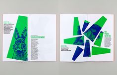 two brochures with blue, green and white designs on the front one has an image of a rabbit