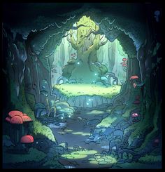 an image of a cartoon scene with mushrooms and trees in the woods at night time