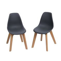 two black chairs with wooden legs on a white background