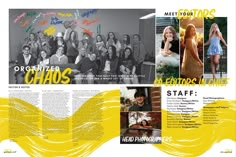 a brochure is shown with images of women in yellow and white, as well as words that spell out the word chaos