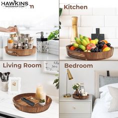 four pictures show different types of kitchen items in the same room, including fruit and candles