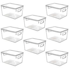 six clear plastic storage containers with lids on each side and one empty container in the middle