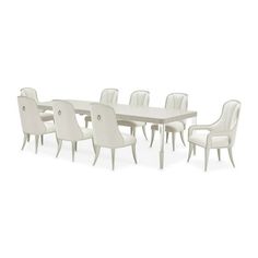 an image of a dining table and chairs set with white upholstered chairs on each side