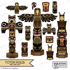 totem poles with different designs and colors are shown in this filet design for the totem pole