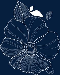 a white flower on a dark blue background with leaves and buds in the center, hand drawn illustration