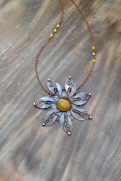 Copper handmade yellow sun-flower onyx by TanyaKolyada on Etsy Sunflower Jewelry, Metal Clay Jewelry, Mixed Metal Jewelry, Yellow Sun, Copper Pendants, Enamel Jewelry