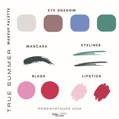 True/Cool Summer Makeup Color Palette. #coloranalysis #colorconsultation #seasonalcolor #coloranalyst #seasonalcoloranalysis #colorconsultant #softsummer #coolsummer #truesummer #truewinter #coolwinter #lightsummer #brightwinter #deepwinter #deepautumn #trueautumn #warmautumn #softautumn#truespring #warmspring #brightspring #lightspring #beauty #summermakeup #coolsummermakeup #makeup #makeuppalette True Cool Summer, Cool Summer Makeup, True Summer Makeup, Makeup Color Palette, Digital Makeup, Seasonal Makeup, True Summer, Summer Makeup Looks