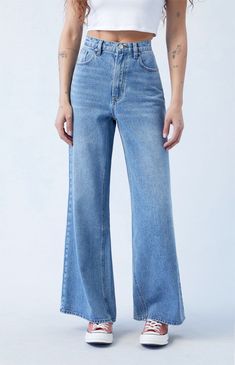 Step up your style this season with the versatile Medium Indigo Wide Leg Jeans from PacSun's new denim collection. These classic high-rise jeans come in an everyday medium indigo wash with a rigid fabrication and a wide-leg fit.   	Model is wearing a size 26 	Model measurements: 5’8.5” height, 32” bust, 24” waist, 35” hips Jeans For Summer, How To Wear Jeans, Wide Legged Jeans, Recruitment Outfits, Trendy Jeans, Summer Jeans, Denim Collection, Wide Jeans, Cute Jeans