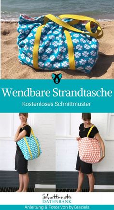 a woman carrying a bag on the beach with text overlay that reads, werbbare strandtasche kostenloses schrimuster