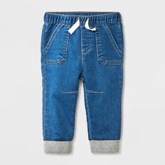 Update your baby's closet for little adventures with these Denim Pants from Cat & Jack™. Made from stretchy denim fabric, these mid-rise ankle pants keep them comfortable all day, and the full elastic waist with adjustable drawstring along with ribbed leg openings provide a stay-put fit. Pair them with your baby's tees or bodysuits to create tons of adorable looks. Cat & Jack™: Designed for all children so you can trust it's made for yours. Baby Boy Pants, Camo Baby Stuff, Boys Denim, Blue Camo, Baby Pants, Bottom Clothes, Cotton Pants, Ankle Pants, Denim Fabric