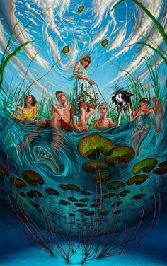 a painting of people floating in the water