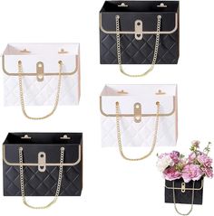 four black and white purses with flowers in them