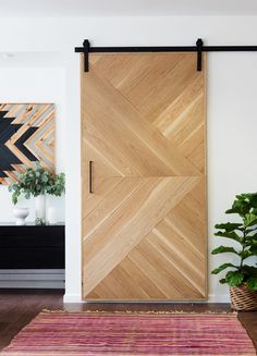 a large wooden door in the middle of a room with a rug and potted plant