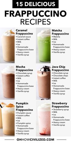 different types of frapuccino drinks on a white table with text overlay