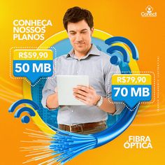 a man holding a tablet while standing in front of an orange and blue background with the words confira opica on it