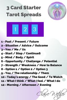 the 3 card starter tarot spread is shown in purple and blue with an image of a