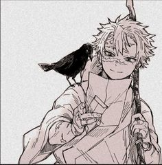 an anime character with a bird on his shoulder