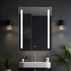 a bathroom with a sink, mirror and lights on the wall next to potted plants