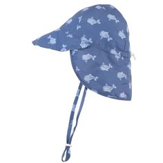 a blue hat with white fish on it