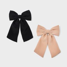 This 2-Piece Hair Bow Barrette Set from A New Day™ in solid black and beige colors makes a versatile pick to accessorize your favorite outfits. Made from crinkled-textured fabric, it includes two hair clips featuring knotted bows with long tails for fashionable appeal. The back metal clip provides a strong hold to neatly style your hair, and the clips are suitable for all hair types. A New Day™: Style that goes wherever you do. Diy Hair, Tulle Hair Bows, Bow Barrette, Hair Bow Sets, Black And Beige, Lace Bows, Diy Hair Bows, Bow Set, Bow Clips