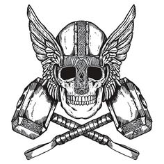 a skull wearing a helmet with wings and two crossed swords in front of it on a white background